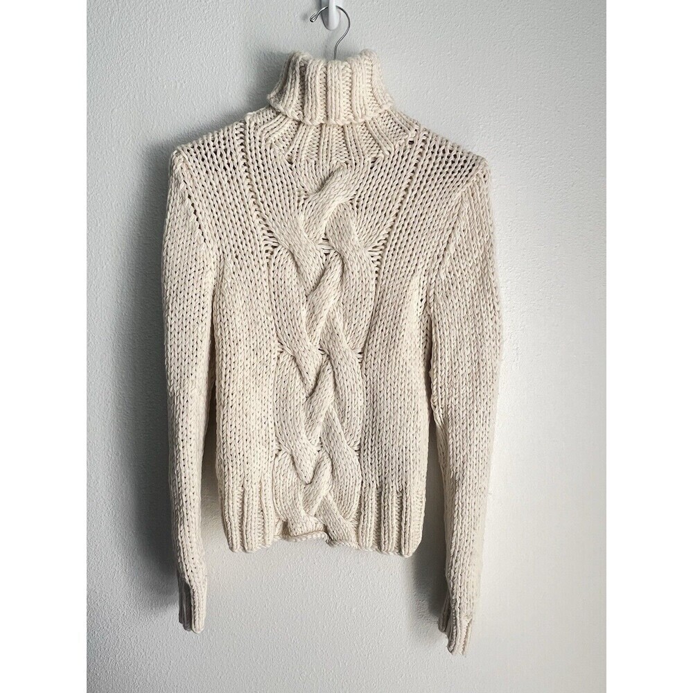 J Crew 100% Wool Aran Style Cable Knit Fisherman Hand Knit Turtleneck Sweater M